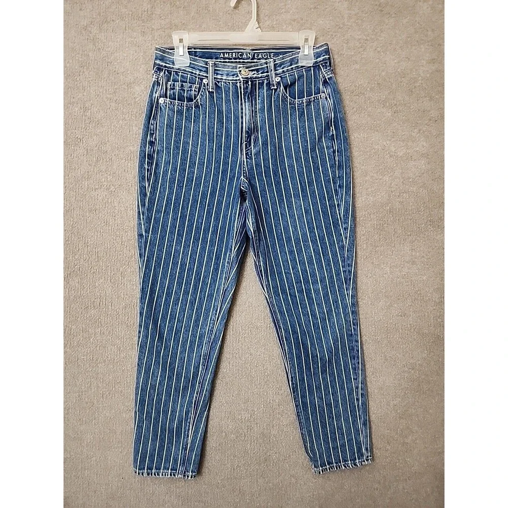 American Eagle Mom Jeans Womens 4 Blue White Stripe 100% Cotton